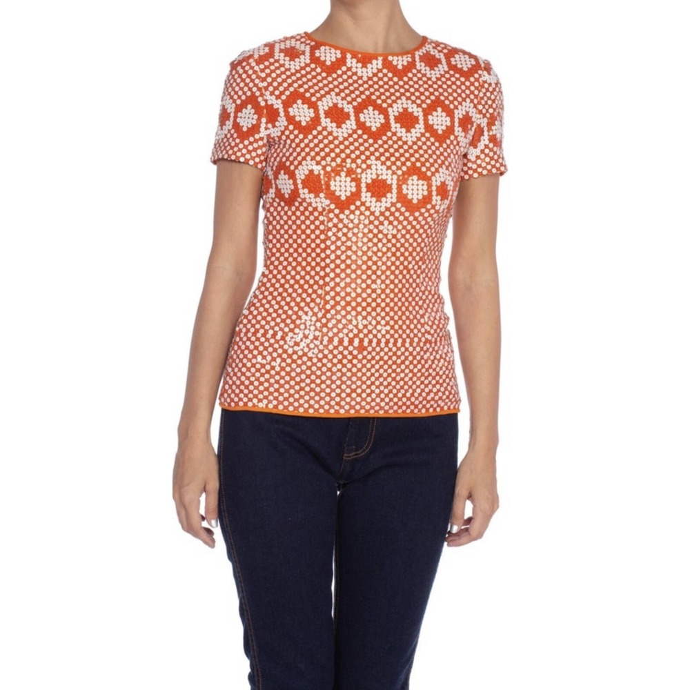 Vintage  Pierre Cardin 1960s Orange & White Sequin Geometric Silk Op Art Mod Top - Picture 3 of 9